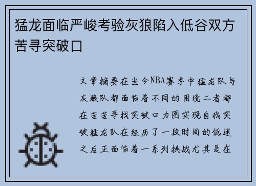 猛龙面临严峻考验灰狼陷入低谷双方苦寻突破口