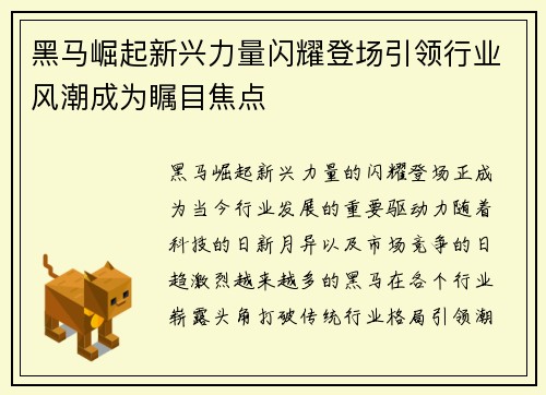 黑马崛起新兴力量闪耀登场引领行业风潮成为瞩目焦点